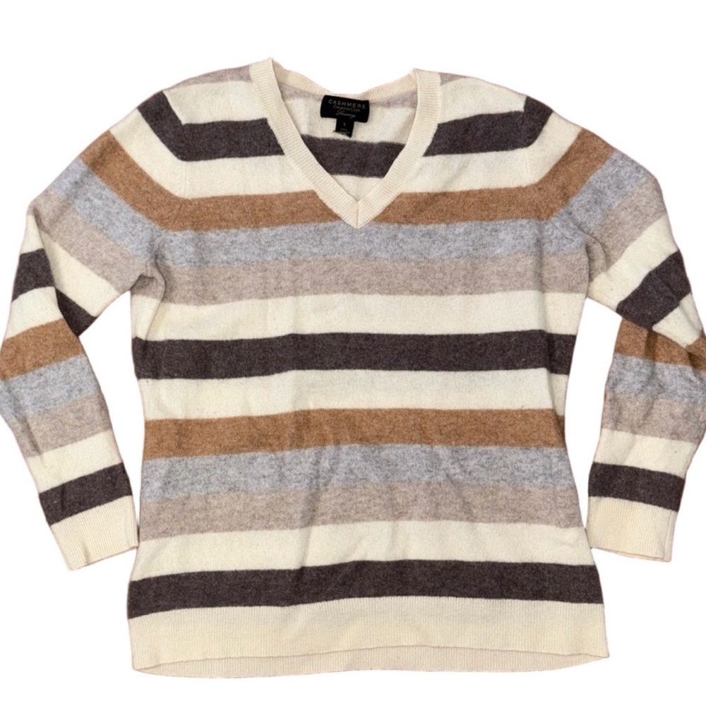 Charter Club Cashmere Luxury Sweater Cream and Brown Size Large